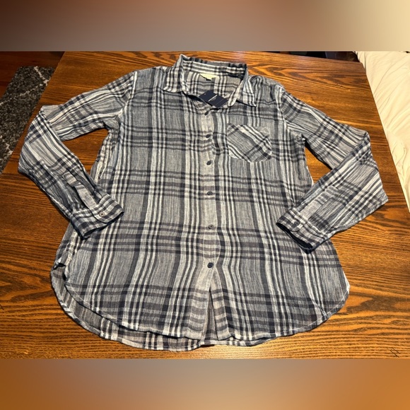 Lucky Brand Women's M‎ Button Front Lightweight Shirt Blue Plaid sheer western - Picture 6 of 16